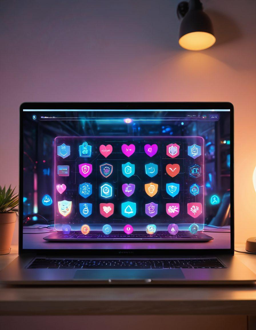 A sleek laptop screen displaying a sensual but safe content portal, surrounded by icons of security shields, heart and thumbs-up symbols, all set in a soft and comforting bedroom environment; the laptop glows warmly amidst dim lighting, ensuring comfort and privacy. cyberpunk. vibrant colors. semi-abstract.