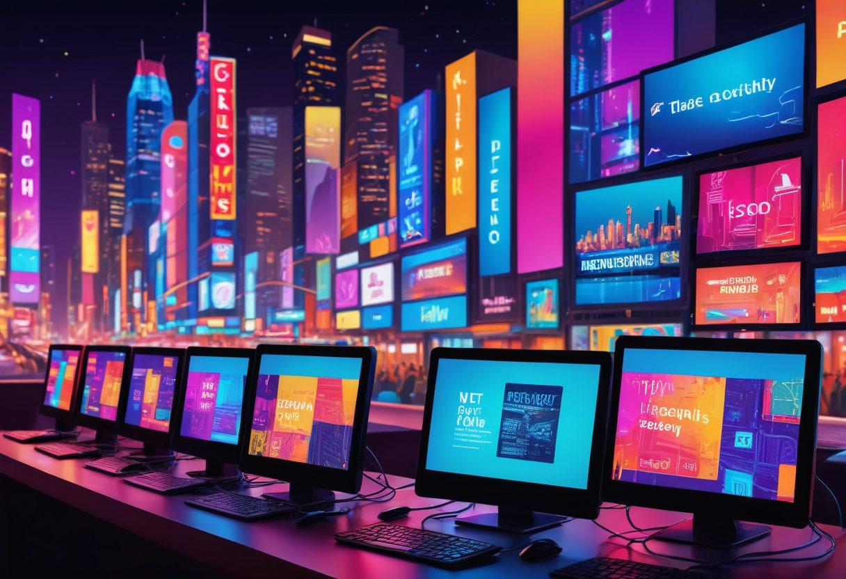 A dynamic collage featuring a range of colorful computer screens and mobile devices displaying diverse adult content, from subtle, softcore images to explicit, hardcore scenes. The background should be a blurred cityscape at night with neon lights, suggesting the vastness of online media. Make sure to incorporate playful, vibrant colors and ensure tasteful, artistic representations without graphic elements. vector art, vibrant colors, abstract.